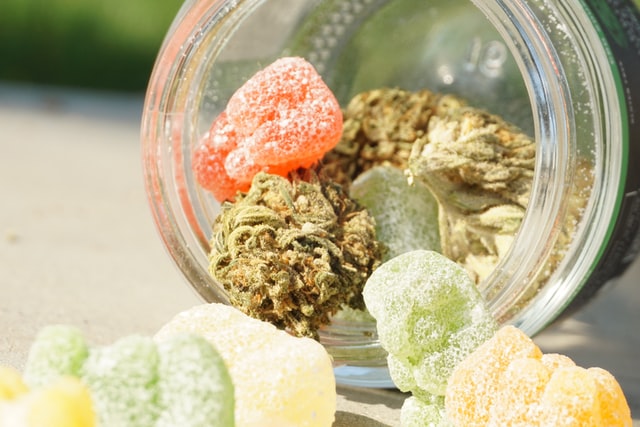 A jar full of CBD edible food items .