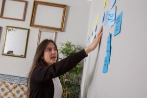 a woman sticking post its on the wall.