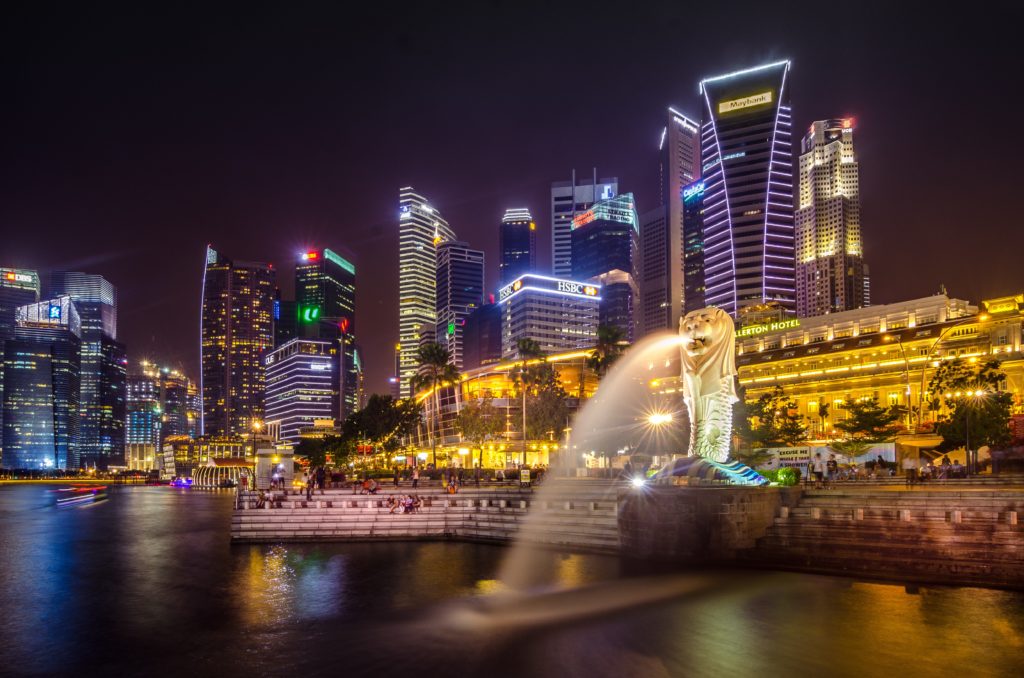 The beautiful country Singapore with sky scrapers and lightings all around.