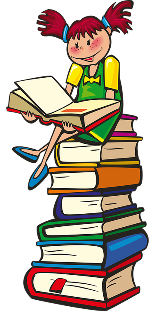 A girl studying on a stack of books.