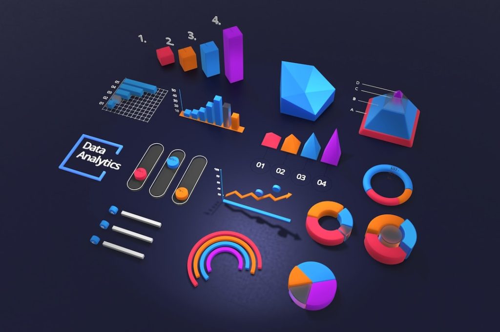 image 1 An overhead 3D view of different data visualization techniques, including bar charts and donut charts.