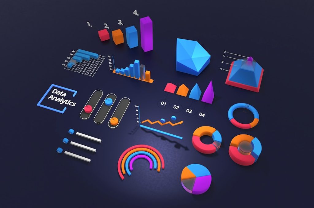 An overhead 3D view of different data visualization techniques, including bar charts and donut charts.